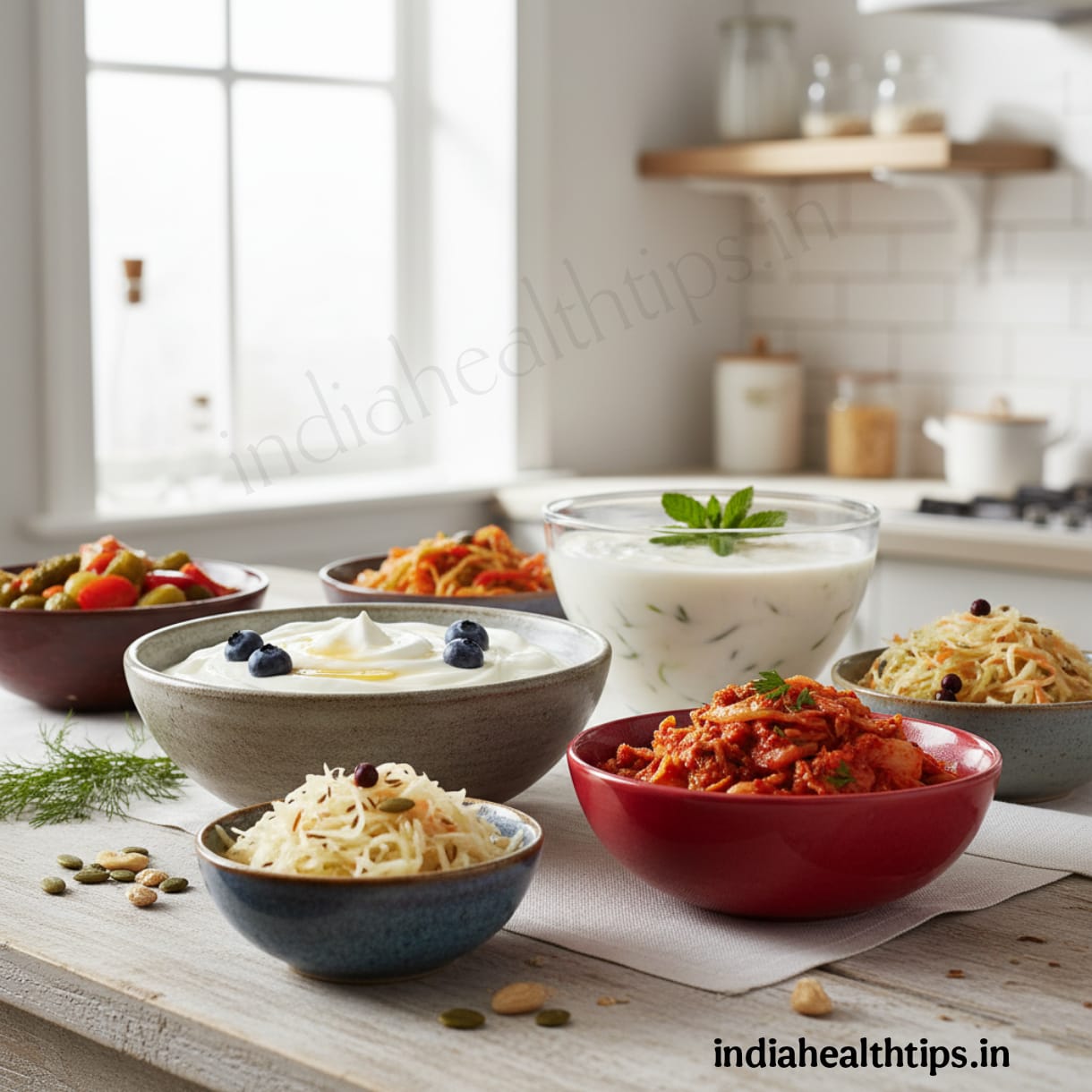 Assortment of fermented foods: yogurt, kefir, kimchi, sauerkraut