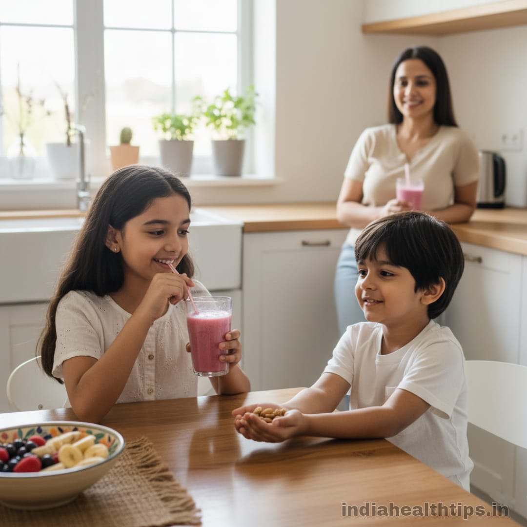 Kids playing and eating healthy snacks
