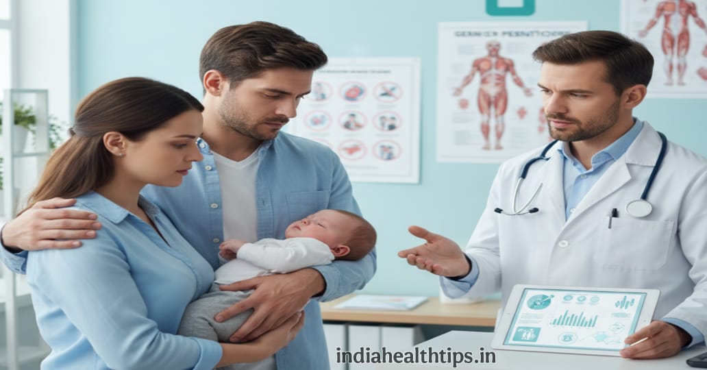 Concerned parents with child consulting pediatric doctor about dangerous cough syrup in India