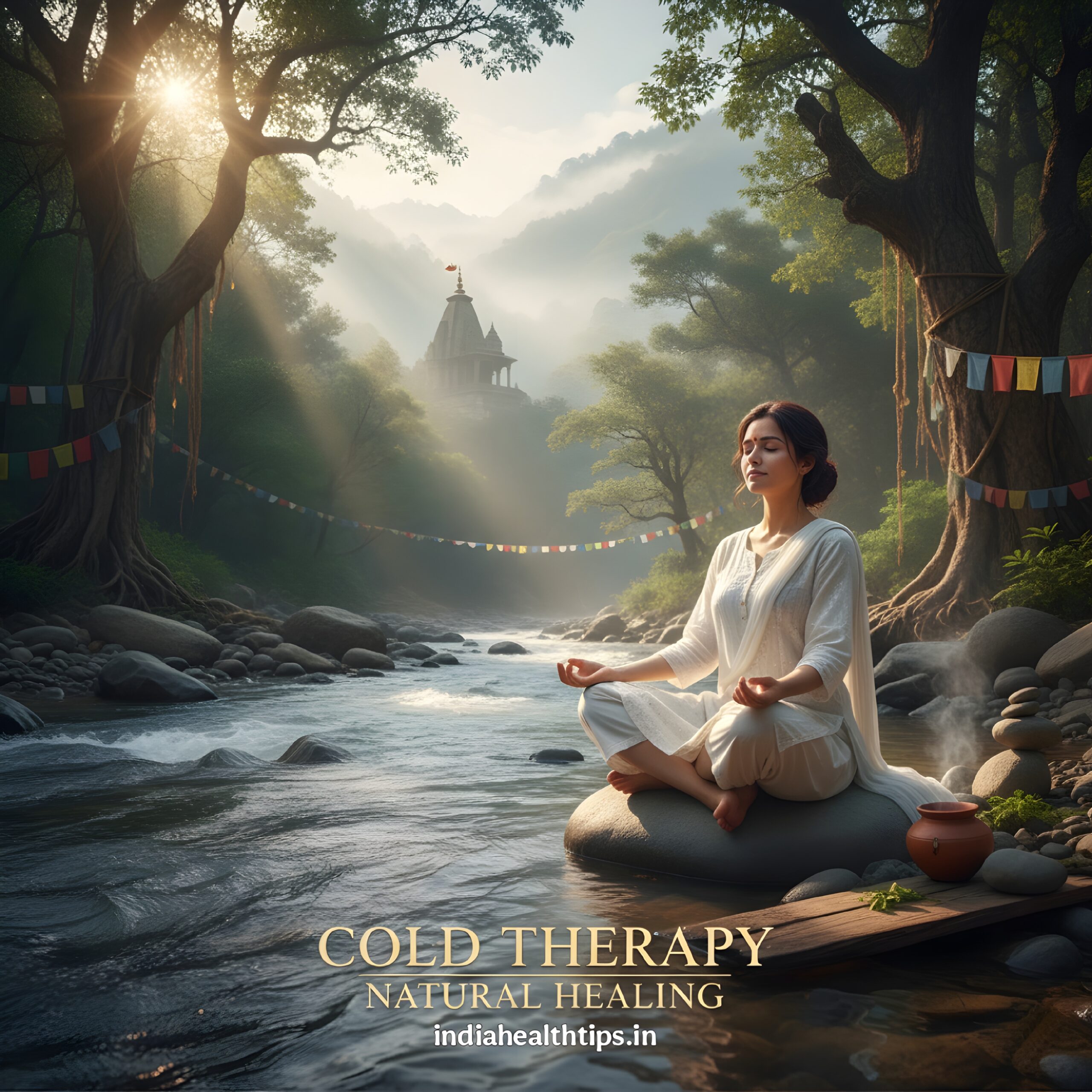 ठंडे पानी में स्नान करते हुए व्यक्ति