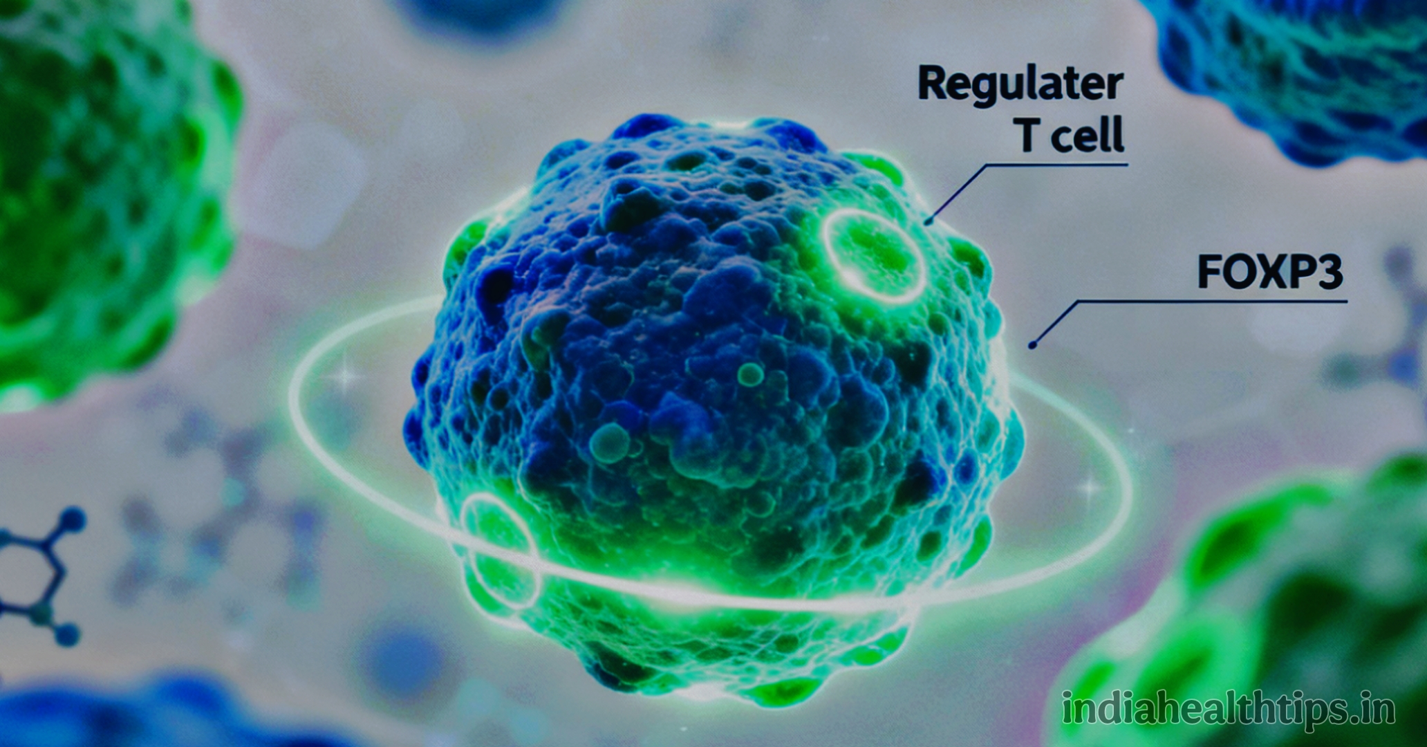 Regulatory T-Cells protecting human cells from autoimmune attack with FOXP3 highlighted, high-quality medical illustration, 2025 Nobel Prize medicine concept.