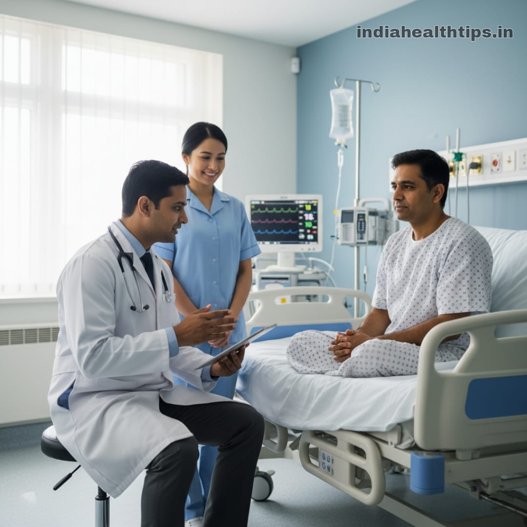 Curative healthcare: doctor consulting patient in hospital with medical equipment