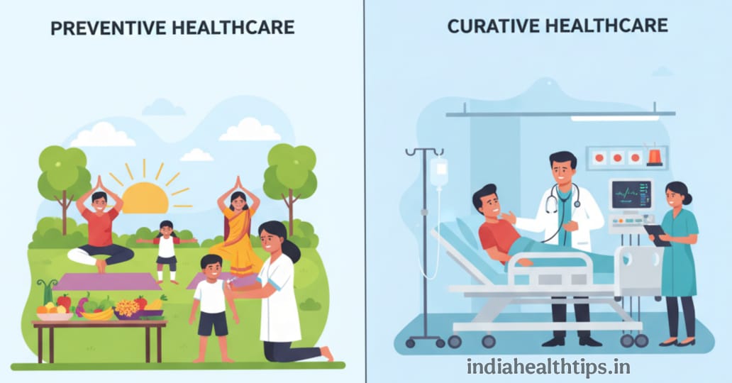 Preventive vs Curative Healthcare illustration - Indian family doing yoga and doctor treating patient
