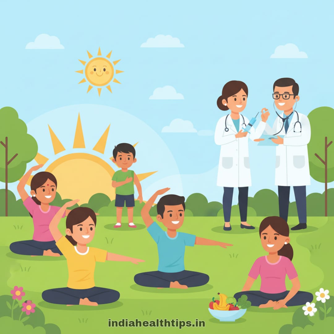 Preventive healthcare: exercise, vaccination, healthy food, regular checkup