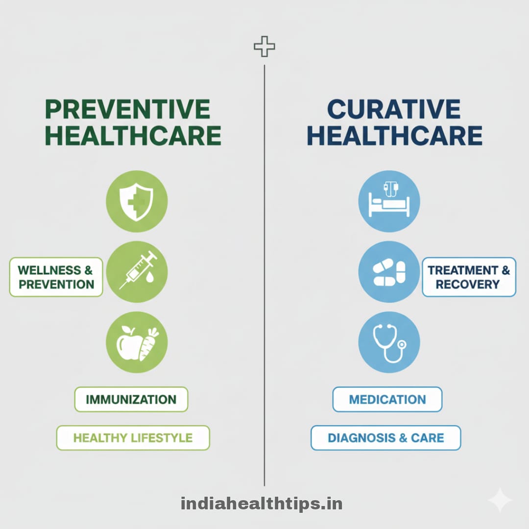 Infographic comparing preventive healthcare and curative healthcare with icons and benefits